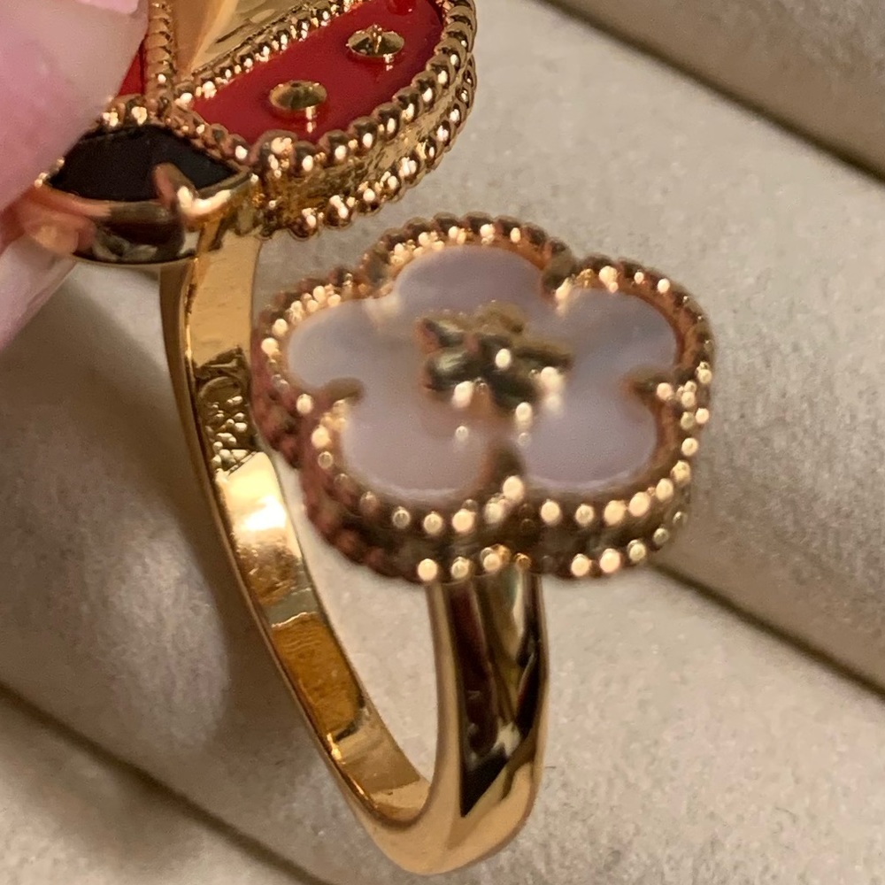 18 K gold Ring of mother of pearl butterfly $ flower adjustable Ring - Picture 3 of 15